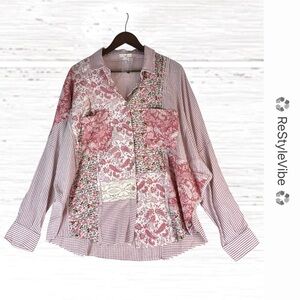 EASEL Women’s Size L Shirt Top Blouse Button Up Oversized Patchwork Boho Floral